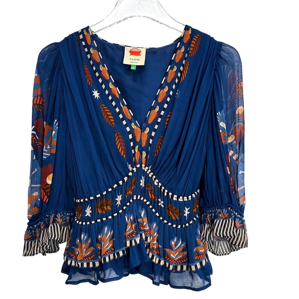 Farm Rio Nature Beauty Blouse Top Women XS Blue Floral V Neck‎ Peplum Chiffon
